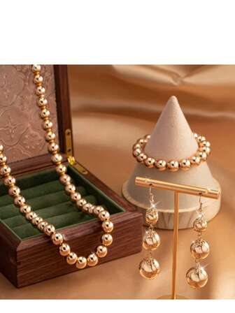 Conjunto de joyas de mujer con cuentas de estilo minimalista retro - Elegante collar, pulsera y pendientes con cuentas - Accesorios de moda versátiles aptos para uso diario