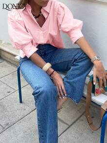 DONICY Damen Einfarbige Bluse mit Kragen und Puffärmeln, Lässiger Retro-Stil Loose Fit Hemd für Frühling, Sommer, Herbst, geeignet für den täglichen Gebrauch, Dates, Geschäft und Lässig