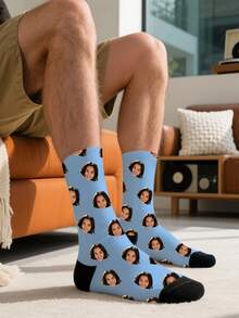 1 Pair Men's Customizable Photo Pattern, Light Blue With Black Toe & Heel Soft Knit Fabric Comfortable & Fun Personalized Socks For Daily Wear & Gift Occasions - Baby Blue - View 4