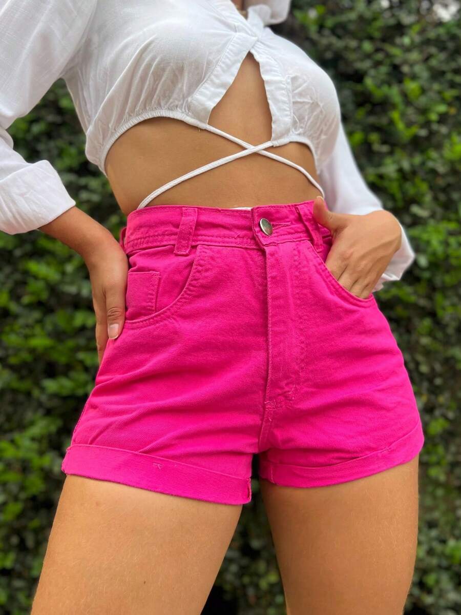 Women's Mom Jeans Shorts, High Waist, Comfortable, Premium Quality, Stylish, Casual - com cinto Pink - 查看 1