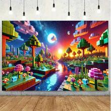 2D Flat 1pc Pixel World Dawn Theme Party Banner - Retro Video Game Design, Block Trees And Mushroom Patterns, Vibrant Mixed Colors, Durable Polyester Material For Indoor/Outdoor Family Celebrations, Room And Garden Decor, Multi-Purpose Festival Background, Pixel Style Sunset Silhouette Design - 1PCS - View 5