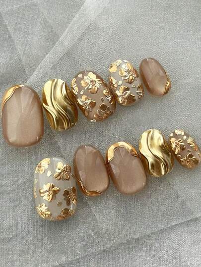 10pcs Almond Shaped Gold & Silver Handmade Nail Art Stickers, Suitable For Daily Wear And Holidays, Reusable, Fit For Women And Girls, Cute Nail Decals Nails