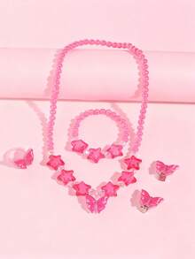 5pcs/Set Girls Cute Butterfly Beaded Jewelry Set, Includes Necklace, Bracelet, Ring And Earrings, Suitable For Daily Wear, Perfect Birthday Party Gift - Multicolor - View 2