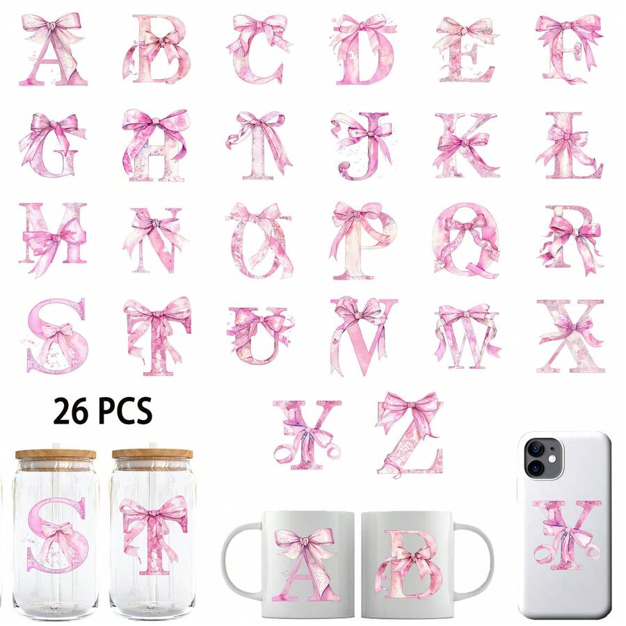 26pcs UV DTF Transfer Stickers, Pink Bow Letter A-Z, 2.75 Inch Waterproof 3D Crystal Stickers, Suitable For Libbey Glass Jars, Mugs And DIY Crafts - Multicolor-style 2 - View 1