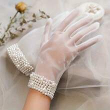 Elegant Transparent Short Gloves, Wedding Bride Gloves, Suitable Ladies' Tea Party Evening Accessories With Faux Pearl Decoration White Gloves - trắng - Xem 8