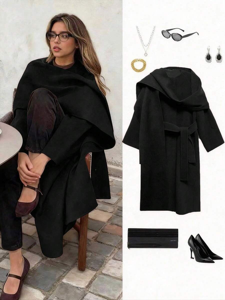 Áo khoác len cổ tròn cổ điển đa năng, tay dài ấm áp, phong cách quý cô thanh lịch, màu đỏ tía, thu/đông - màu đen - Xem 1