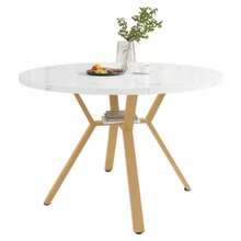 Modern And Simple Round Marble Dining Table (1 M Diameter), Black X-Shaped Coffee Table With Metal Stand, Stable And Durable, A Must-Have For Fashionable Homes, Gold. - 金色+白色 - 查看 7