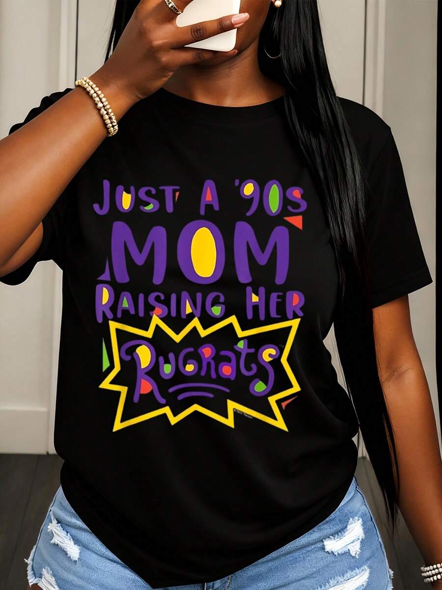 Just A 90s Mom Raising Her Rugrats T Shirt For Women Vintage Nostalgic Parenting Gift 90s Themed Funny Shirt For Moms With Kids From The 90s Era Perfect For Birthday Or Mother Day Celebration - 黑色 - 查看 1