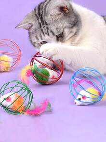 Cat Toys, Cage Mouse Teaser Ball With Artificial Feather Tail, Mini Balls, Self-Entertainment Cat Toys