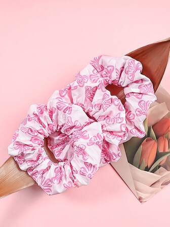 3pcs Valentine's Day Satin Scrunchies, Heart, Rose, Bow Print, Gentle On Hair Accessories For Women ,Hair Ties ,Scrunchy Hair Ties