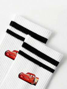 Disney 1 Pair Cars Graphic Mid-Calf Socks For Men, Cute Cartoon Pattern, Odor-Resistant Breathable Casual Sports Socks With Stripes, Suitable For Students/Adults As Gifts Or Daily Wear - White - View 4