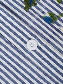 女士条纹印花系带纽扣中长连衣裙，带领子和短泡泡袖