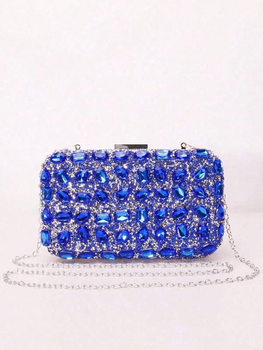 1pc Sparkling Lightweight Solid Color Rhinestone Women's Evening Box Bag, Luxury Fashion Party Clutch Bag, Perfect Purse For Party Girls, Bride, Women, Crossbody Bag With Removable Metal Chain, Can Be Matched With Evening Dresses, Holiday Party Dresses, Perfect For Prom, Banquet, Gathering, Wedding, Party. - 藍色 - 查看 1
