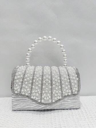 Dampärlväska, kristallpärlad aftonväska med kedja och axelrem, silverfärgad brudväska för bröllopsfest, elegant formell toteväska lämplig för fester