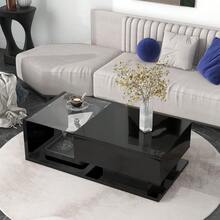 Tempered Glass Coffee Table, Wooden Cocktail Table With High-Gloss UV Surface, Modern 2-Tier Rectangle Center Table For Living Room, Black - 黑色 - 查看 1