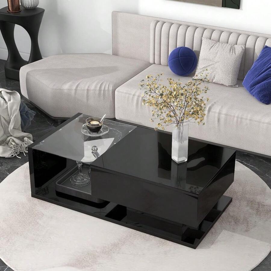 Tempered Glass Coffee Table, Wooden Cocktail Table With High-Gloss UV Surface, Modern 2-Tier Rectangle Center Table For Living Room, Black - 黑色 - 查看 1