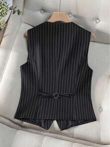 Black Striped Sleeveless Slim Fit Vest, V-Neck, Single-Breasted, With Pockets, Suitable For Office & Casual Wear, Versatile Jacket For Commuting & Work - Black - View 3