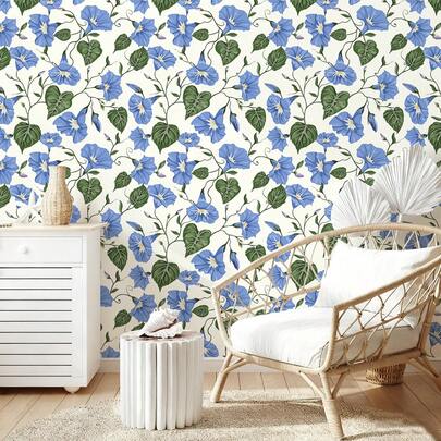 1卷蓝色旋花自粘墙纸 - 即撕即贴，可移除，适用于客厅电视背景墙、家居装饰、橱柜、书架、家具翻新，宽17.32英寸，租房者友好型DIY装饰贴纸