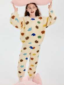 mini bala 男童和女童双面羊毛家居服睡衣套装婴儿加厚睡衣冬季系列 - 咖啡棕 - 查看 3