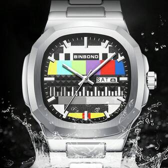 1 st. vintage herrklocka med fyrkantig färgskärm, kvartsurverk, flera armband, självlysande, vattentät, dubbel kalender,