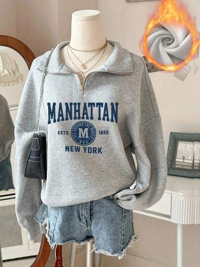 女士秋冬新款简约吸睛美式纽约城市英文印花休闲半高领拉链卫衣，时尚百搭