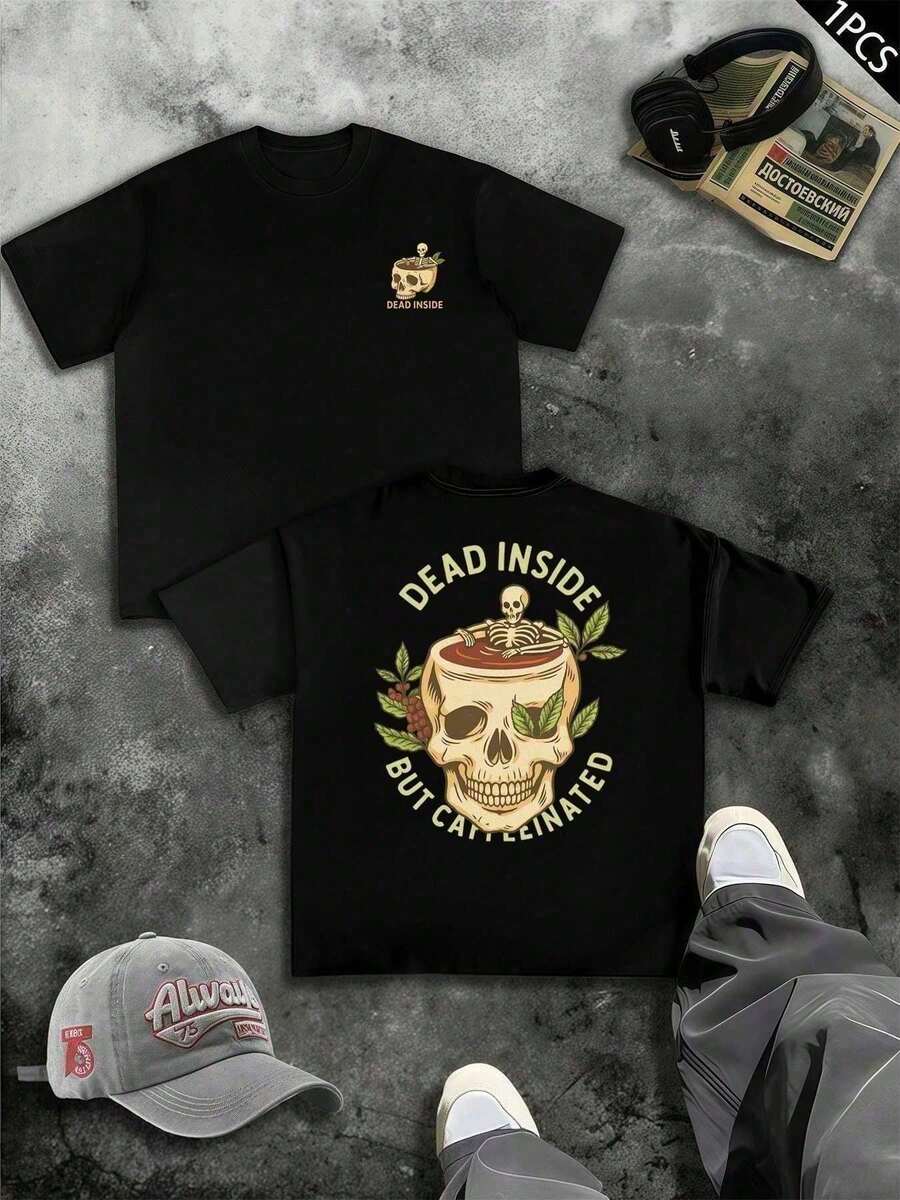 Camiseta con estampado de calavera y café para hombre, algodón de 220 g/m², con estampado a doble cara y cuello redondo holgado (1 unidad) - Negro - Ver 1