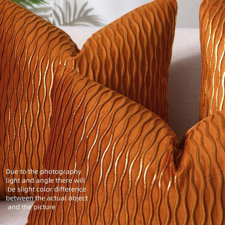 1pc (No Inserts ) Velvet Embossed Gold Wave Cushion Cover, Ramadan Home Decor Fabric Sofa Pillowcase, Ramadan Decor, Festive Decor Craftcase, Sofa Cushion Cover, Bed Luxury Decor Pillowcase, Ramadan Gift, Orange, - Burnt Orange - View 2