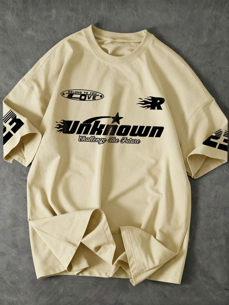 青少年男童时尚运动字母印花短袖T恤 - 杏色 - 查看 1