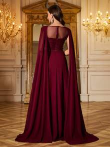 UNITHORSE 女士优雅V领飘逸拼接亮片雪纺气质长款礼服晚礼服 - 酒紅色 - 查看 2