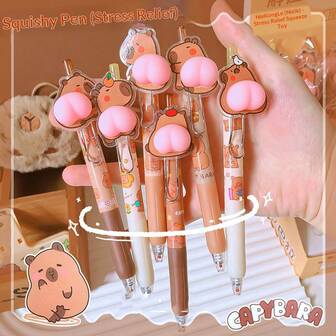 10pcsStay Focused And Stress-Free With This Multi-Functional Capybara Pen. Features A Squishy Stress-Relief Design To Ease Tension During Long Study Sessions, Plus 0.5mm Quick-Dry Black Ink For Neat, Smudge-Free Notes. Retractable Design For Convenience-Ideal For Students Heading Back To School.