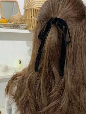 1pc Black Velvet Ribbon Hair Scrunchie, Suitable For Everyday Wear ,Elastic Hair Ties ,Ponytail Holders ,Hair Elastics ,Hair Rubber Bands ,Hair Rope