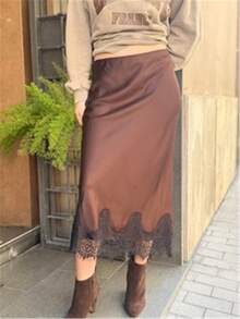 Women Satin Lace Trim Midi Skirt Polka Dot Print High Waist Long A-Line Skirts Vintage Silk Going Out Dress Y2k Streetwear Party Clubwear - 咖啡棕 - 查看 3