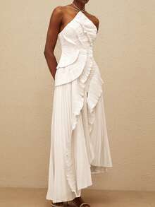 Women Ruffle Halter Maxi Dress Tiered Ruffle Pleated Long Dress Sleeveless Asymmetrical  Hem Flowy Dresses For Elegant Cocktail Party Dress - 象牙白 - 查看 1