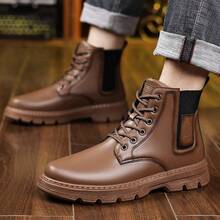 [Special Offer] Men's Faux Leather Mid-Top Combat Boots - Lace-Up Design, Elastic Side Panel & Chunky Lug Sole, Durable Casual Footwear For Daily Wear, Outdoor & Fall/Winter Seasons - 棕色 - 查看 6