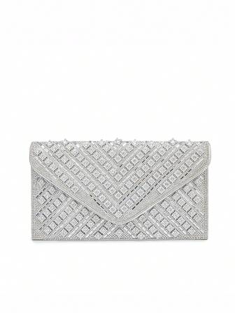 23*13*0.5cm 輝き、グリッター、グラマラス、エレガント、繊細、静かな高級感 ラインストーン&フォーパール装飾チェーンクラッチバッグ、パーティー、結婚式、卒業式、ディナー/バンケットに最適。女性、レディース、花嫁への素敵なギフト