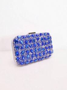 1pc Sparkling Lightweight Solid Color Rhinestone Women's Evening Box Bag, Luxury Fashion Party Clutch Bag, Perfect Purse For Party Girls, Bride, Women, Crossbody Bag With Removable Metal Chain, Can Be Matched With Evening Dresses, Holiday Party Dresses, Perfect For Prom, Banquet, Gathering, Wedding, Party. - 藍色 - 查看 2