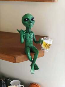 Alien Drinking Beer Sculpture - Amusing Space-Themed Decor, Green Alien Holding Beer Glass. Ideal For Displaying On Desk Or Shelf, Perfect Gift For Sci-Fi Fans | Unique Alien Design | Exquisite Craftsmanship, Alien Decor - Multicolor - View 11