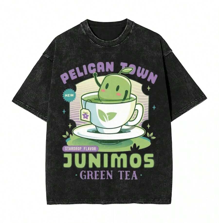 Washed T Shirt Junimos Green Tea Stardew Valley Hip Hop Cool T-Shirts Oversize Game Anime Streetwear Cotton Tees For Men Women - 黑色 - 查看 1