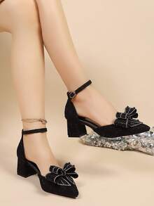 2025 New Basic Bow Rhinestone Decor Black High Heel Pumps, Pointed Toe Sexy Stilettos For Dresses, Autumn/Winter,Chunky Heels - Black - View 5