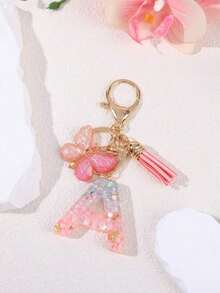 Personalized Bling Monogram Keychain Women - Resin Letter Charm With Silvery Glitter, Pink Pebble & Gold Shaker - Birthday Gifts Her, Anniversary Present With Pink Tassel & Accent Car Accessories Bag Charm School Cute Goth Y2k - 粉色 - 查看 30