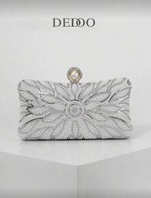 Bolso de mano tipo clutch con perlas falsas elegante, bolso de fiesta de boda romántico con decoración de lujo de rhinestones, bolso de hombro para eventos formales para la novia - Plateado - Ver 1