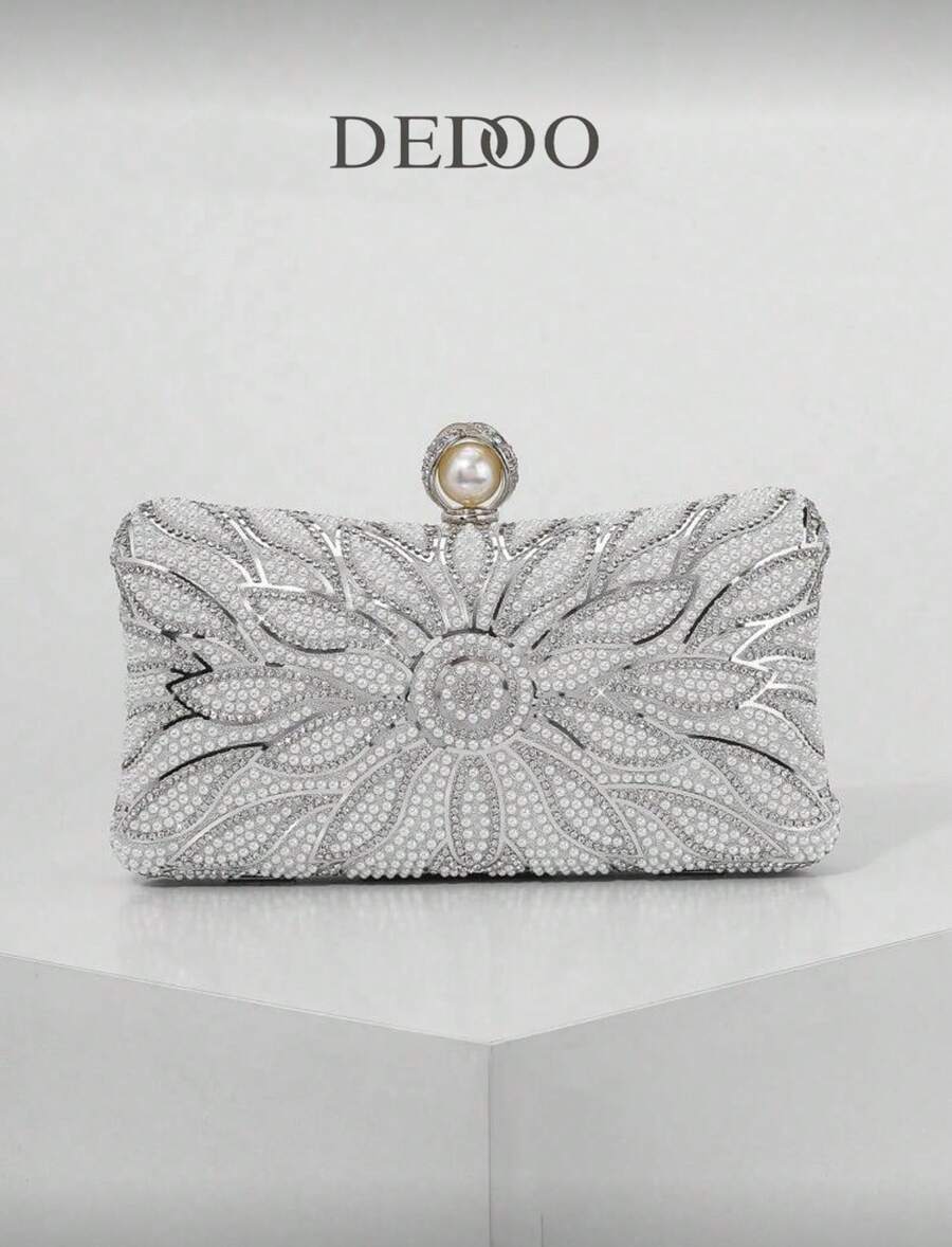 Bolso de mano tipo clutch con perlas falsas elegante, bolso de fiesta de boda romántico con decoración de lujo de rhinestones, bolso de hombro para eventos formales para la novia - Plateado - Ver 1
