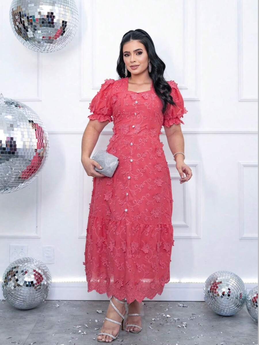 Livia Party Midi Dress - Elegant And Modest Embroidery - Cá hồi hồng - Xem 1