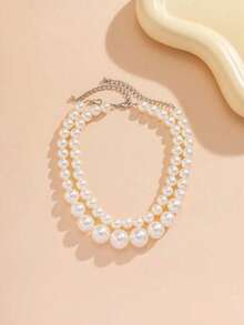 2 Peças Colar de Contas de Pérolas Falsas Multicamadas, Design Elegante Exagerado Adequado para Uso Diário e Festas de Mulheres, Pode Ser Usado como Presente de Aniversário, Feriado, Natal, Ano Novo - Branco - Visão 11