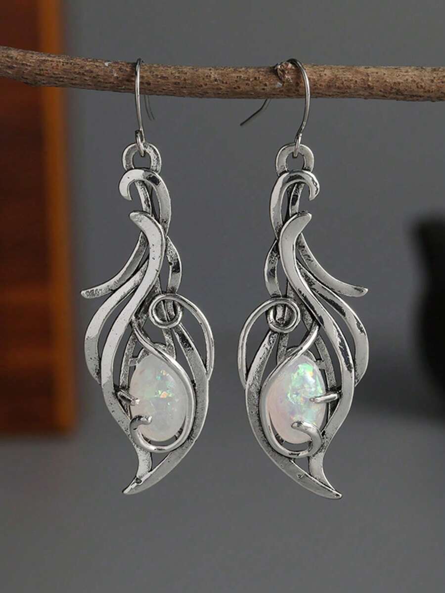 复古波西米亚风吊坠耳环，椭圆形合成蛋白石吊坠耳环，适合女性作为结婚纪念日珠宝礼物配饰