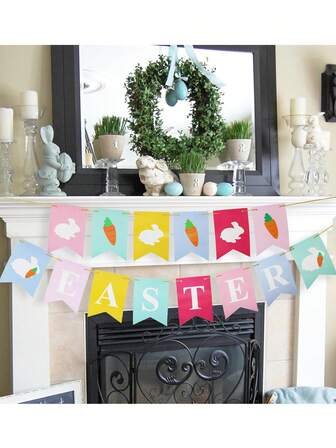 1pc-Easter Decorations Garland Decor, Cute White Bunny Carrots Easter Mantel Garland,Easter Bunny Banner, Pink Blue DIY Paper Rabbits Fireplace Banners For Home Office Spring Celebrations Indoor