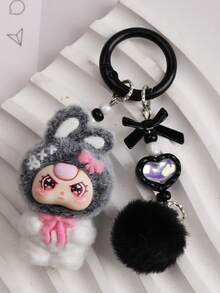 New Flocked Ombre Crooked Ear Keychain, Fashionable Cute Cartoon Accessory Bag Charm Key Chain - Multicolor - View 10