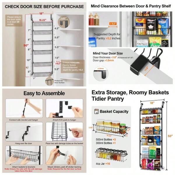 Over Door Pantry Organizer, 6 - Tier Metal Pantry Door Organization And Storage, Hanging Kitchen Basket Spice Rack Seasoning Shelves, Cabinet Door Organizer Easy Install, D5xW18xH50inch