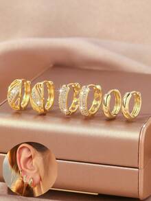 6 pezzi Set di orecchini eleganti con quadrifoglio e forma geometrica a C in zirconia cubica, accessori di gioielleria di moda, regali di lusso per donne, stili multipli, adatti per uso quotidiano, festival, appuntamenti, vacanze, regali