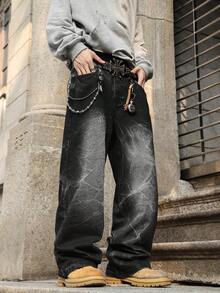 男士黑色水洗宽松直筒牛仔裤，Y2K街头风美式休闲阔腿牛仔裤，四季皆宜长裤，适合送给男友或丈夫 - 黑色 - 查看 3